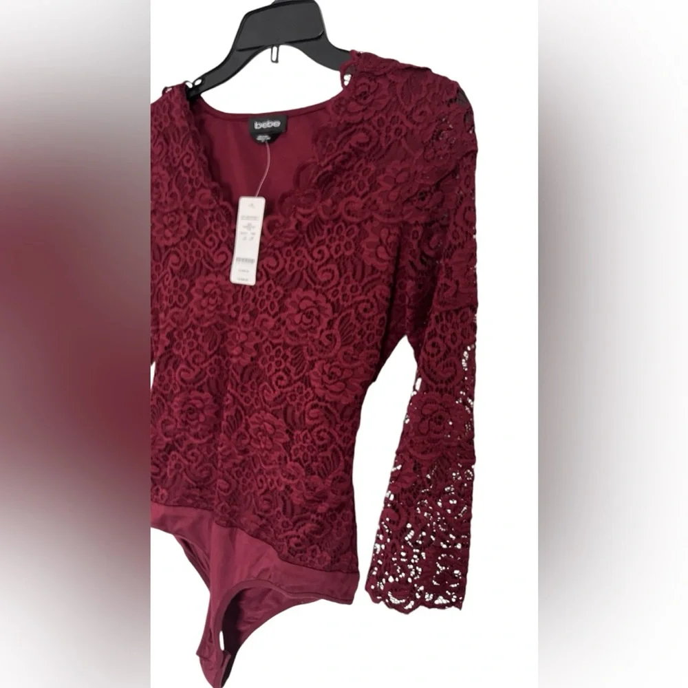 Bebe Laced V-Neck Body Suit-Plum - Picture 4 of 6